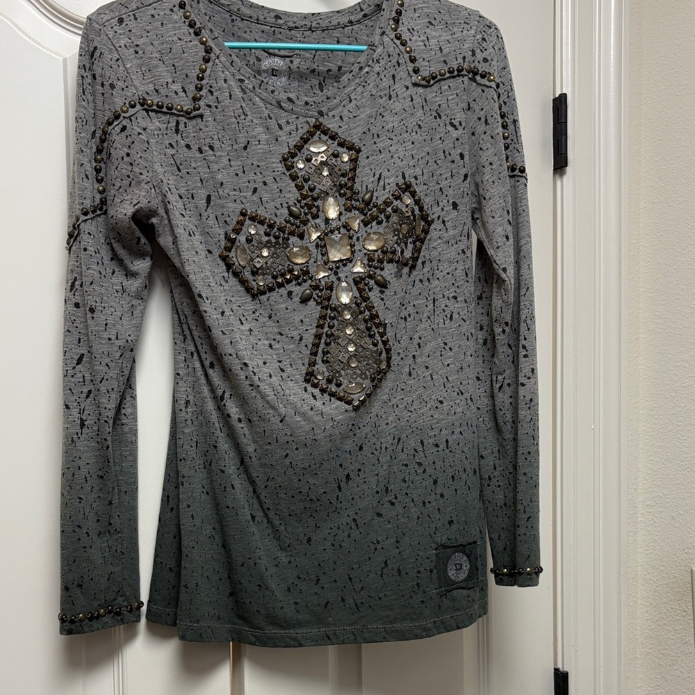 Double D Ranch Charcoal cross Beaded Sleeve Top